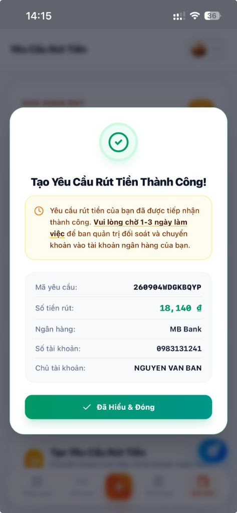 Hướng dẫn Bước 4 - Tạo yêu cầu rút tiền thành công
